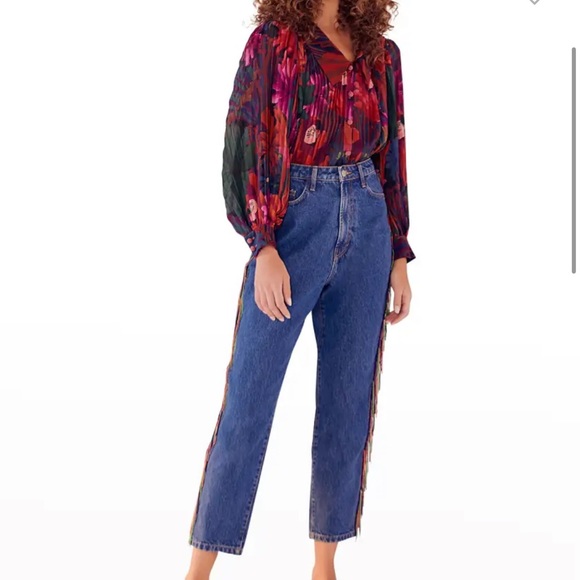 Farm Rio Bird Flowers Pleated Long Sleeve Babydoll Collared Blouse - Picture 3 of 12